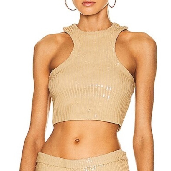 New Retrofete Audra Sequin Knit Top Crop Racer Back Nude Beige Party Sz L - Picture 1 of 14